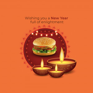 A New Year greeting with a burger and Diwali themed decorations.