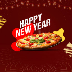 A festive image featuring a pizza with 'Happy New Year' text and holiday decorations.