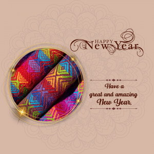New Year greeting card with a colorful traditional fabric design.