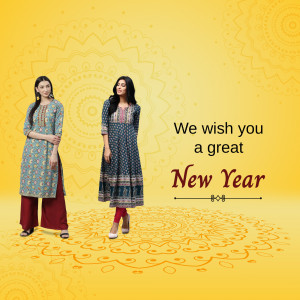 Two women wearing traditional kurtis with a New Year greeting