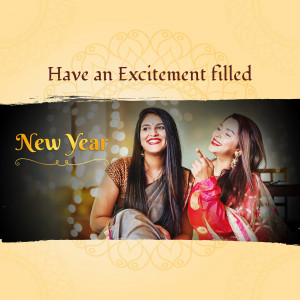 Two women celebrating New Year with a festive background.