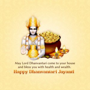 Image of Lord Dhanvantari with coins and lamps for Dhanvantari Jayanti