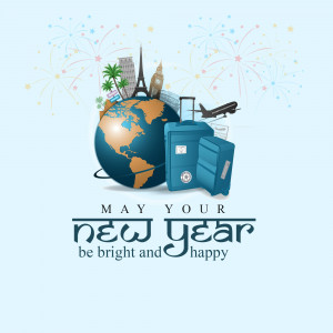 Globe with landmarks, suitcase, and airplane with 'Happy New Year' text