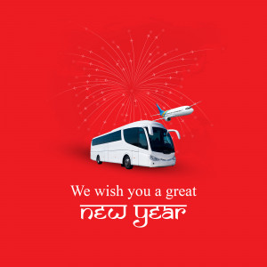 Image of a bus and airplane with fireworks, wishing a happy new year.