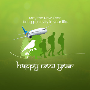 New Year graphic with airplane, people hiking, and a bird.