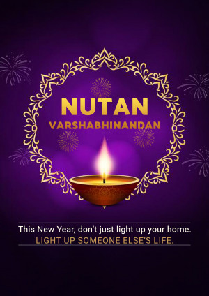 Nutan Varshabhinandan greeting with a lit diya and fireworks