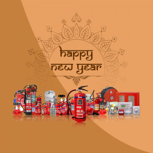 Fire extinguishers and safety equipment with a New Year greeting.