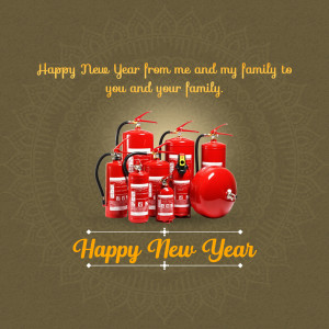 Fire extinguishers arranged with a New Year greeting.