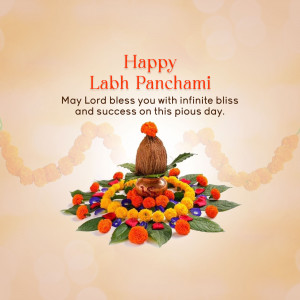 Labh Panchami greeting with coconut, flowers, and traditional decorations