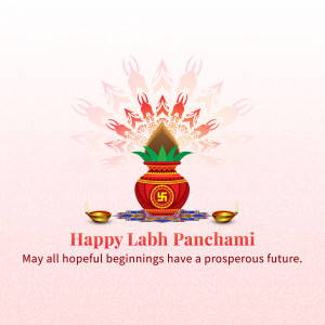 Image depicting a traditional pot with mango leaves and a swastika symbol, with the text 'Happy Labh Panchami'