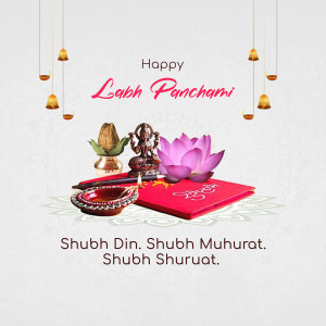 Labh Panchami festive greeting with Ganesha, lotus, and traditional items