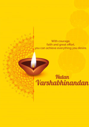 Diya lamp with text 'Nutan Varshabhinandan' and motivational quote