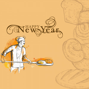 Sketch of a baker with bread and a 'Happy New Year' message