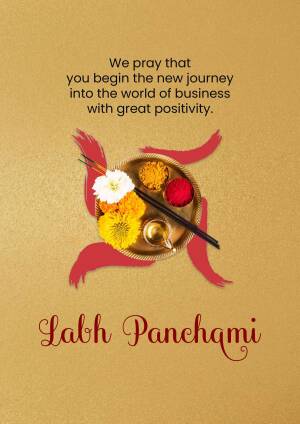 Labh Panchami greeting with traditional puja items and text.