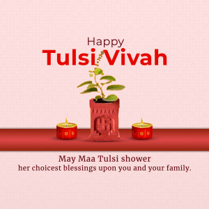 Image depicting Tulsi Vivah celebration with a Tulsi plant, candles, and a festive message.