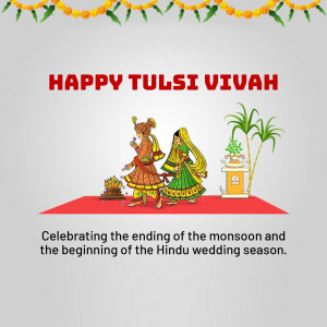 Illustration of a Tulsi Vivah ceremony with a couple getting married and decorations.