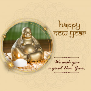 Golden Buddha statue with candle and New Year greeting