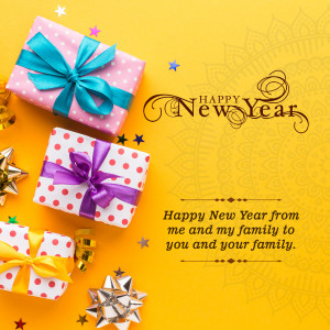 Several gift boxes with ribbons and a 'Happy New Year' greeting.