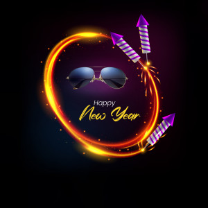 New Year graphic with fireworks, sunglasses, and a golden ring