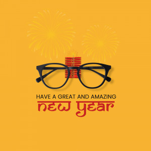 New Year's greeting with glasses and fireworks