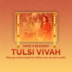 Image depicting a Tulsi Vivah celebration with a woman in traditional attire and decorative elements.