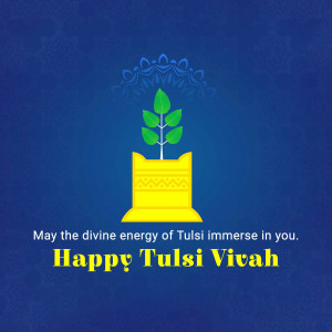 Illustration of a Tulsi plant in a pot with text wishing 'Happy Tulsi Vivah'