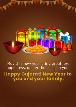 Gujarati New Year greeting with gifts and traditional sweets