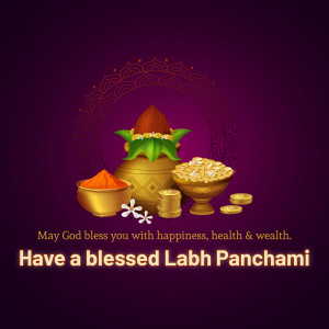 Illustration of a traditional Labh Panchami setup with a pot, gold coins, and vermillion powder.