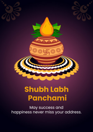 Image depicting a traditional Labh Panchami setup with a pot, swastika, and text wishing success and happiness.