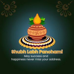 Image depicting a traditional Labh Panchami pot with decorative elements and text wishing happiness and success.