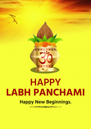 Image depicting a traditional pot with coconut and marigolds for Labh Panchami