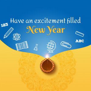 New Year greeting with educational icons and a diya lamp