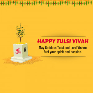 Image depicting Happy Tulsi Vivah with a Tulsi plant and religious symbols.