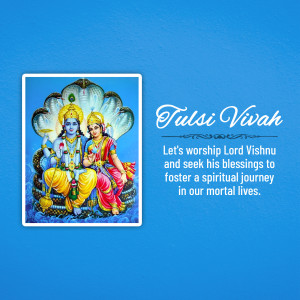 Image depicting Lord Vishnu and Lakshmi on a Sheshnag throne with Tulsi Vivah text.