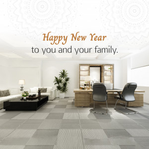 Modern office interior with a 'Happy New Year' greeting.