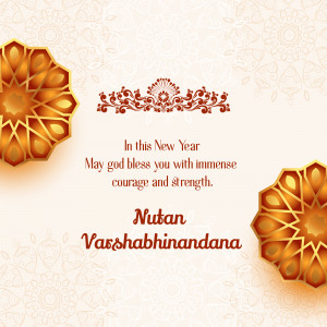 Elegant New Year greeting card with golden floral designs and text.
