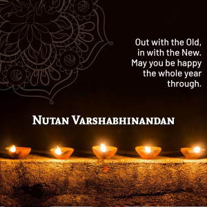New Year greeting with lit diyas and a floral design.