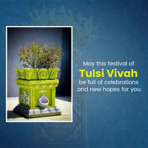 Image depicting a decorated Tulsi plant in a pot with a festive greeting for Tulsi Vivah.