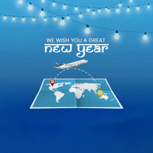 New Year greeting with a travel theme featuring an airplane, world map, and string lights.