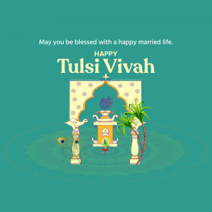 Tulsi Vivah illustration with a decorated gate and Tulsi plant