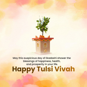 Image depicting a Tulsi plant on a decorated altar with text 'Happy Tulsi Vivah'