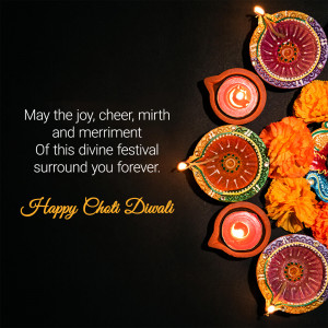 Diwali lamps and marigold flowers with festive greetings
