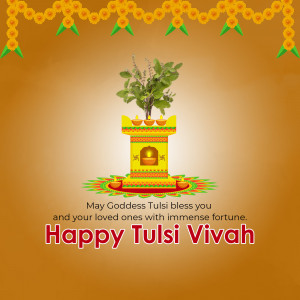 Image depicting a Tulsi plant on a decorated altar with a festive greeting for Tulsi Vivah.