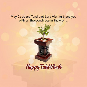 Image of a Tulsi plant in a pot with a decorative background and text wishing blessings for Tulsi Vivah.