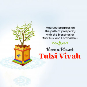 Image depicting a Tulsi plant in a decorated pot with a blessing for Tulsi Vivah.