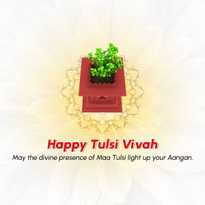 Image depicting a Tulsi plant in a pot with a decorative background and text 'Happy Tulsi Vivah'
