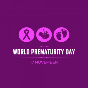 World Prematurity Day illustration with ribbon, pregnant belly, and baby footprints.