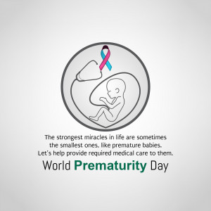 Illustration of a fetus in the womb with a stethoscope and ribbon for World Prematurity Day
