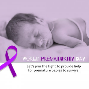 A sleeping premature baby with a purple ribbon symbolizing World Prematurity Day.