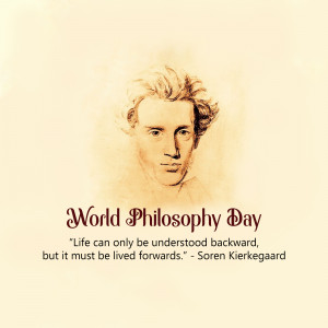 Portrait of Søren Kierkegaard with World Philosophy Day text and quote.